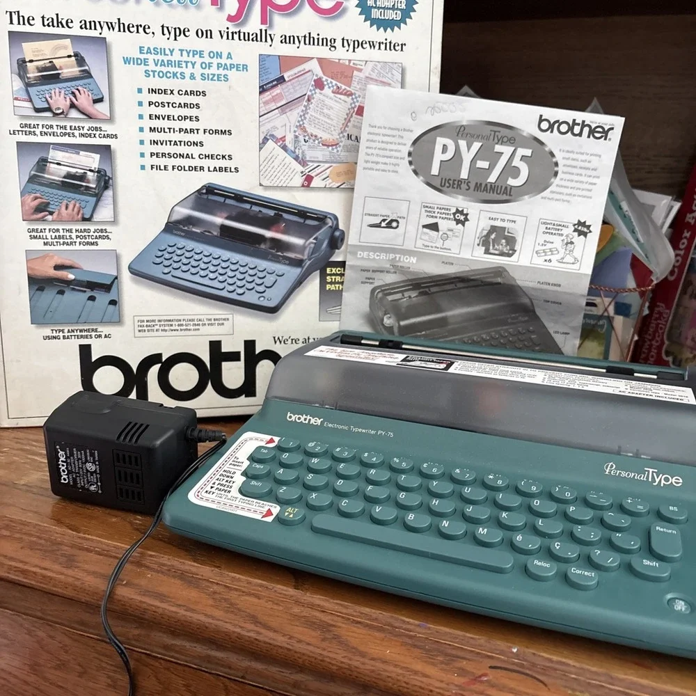 Brother Personal Type Typewriter Py-75 Portable Battery Ac Adapter Paper Card